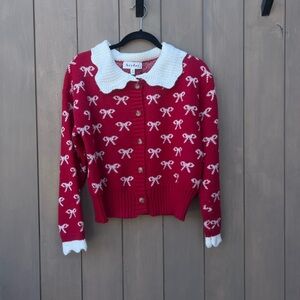 Heyday Red Bow-Pattern Collared Cardigan Sweater - NWT - Size Small